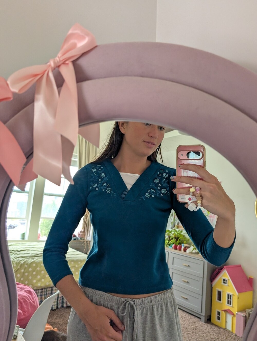 Teal V-Neck Long Sleeve Top with Embroidered Detail Size Small